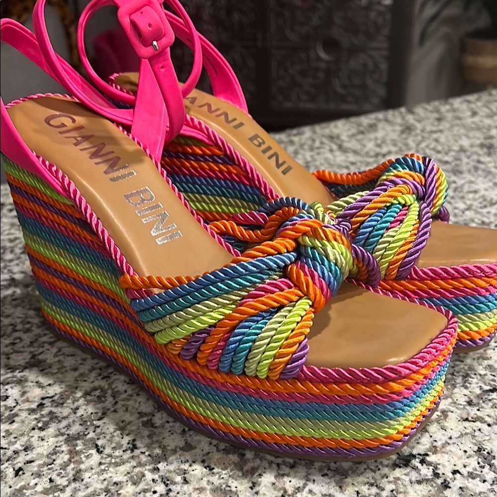 Gianni Bini Leena Rainbow Platform Cord Knot Wedge Sandals